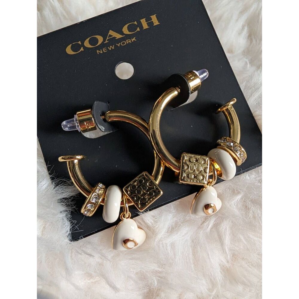 COACH Signature Enamel Heart Cube Charm Hoop Earrings